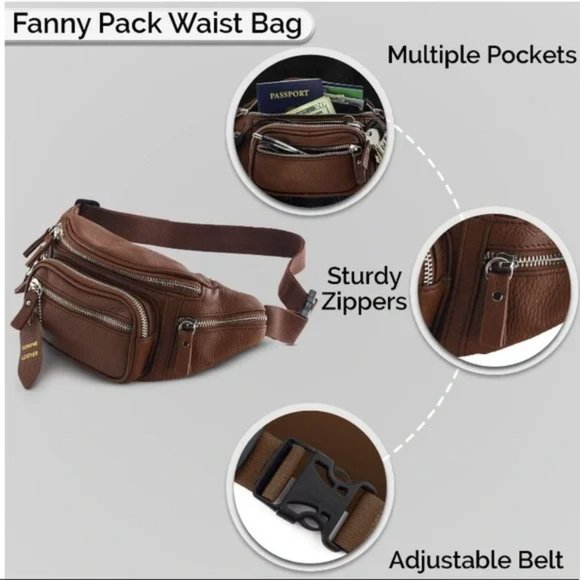 New Brown Leather Waist Fanny Pack Bag - Picture 5 of 7